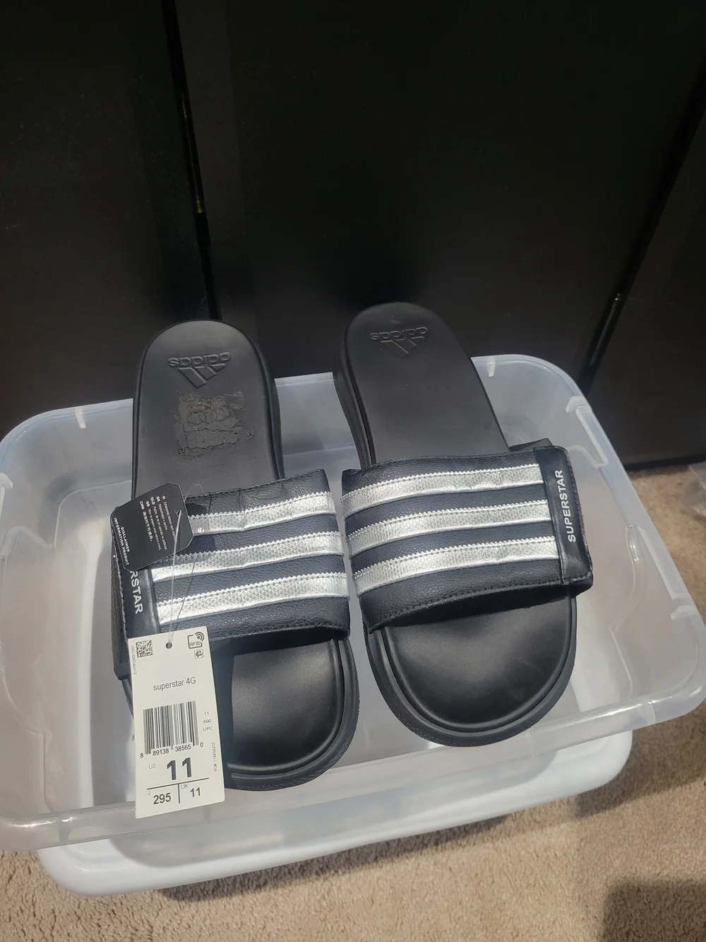 Men's adidas Black Slides with Metallic Silver Stripes - Superstar 4G